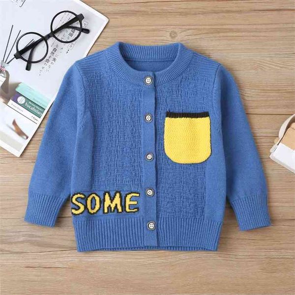 

arrival sweater children clothing print baby girls long sleeve letter yellow pockets knitwear 0-3t kids 210629, Blue