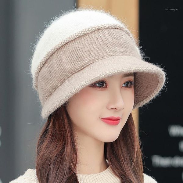 

berets fashion autumn and winter women's hat patchwork bowknot wool beret women thick warm two-layer knitted caps bucket hats, Blue;gray