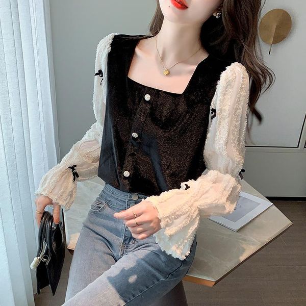 

women's blouses & shirts coigarsam blouse women winter 2021 patchwork long sleeve solid square collar straight black blusas womens and, White