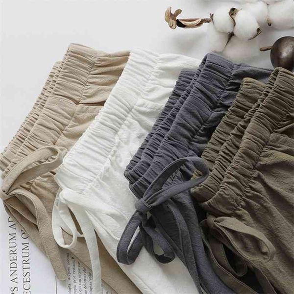 

cotton linen shorts women summer trousers feminino women's high elastic wasit home loose casual with pockets 210623, White;black