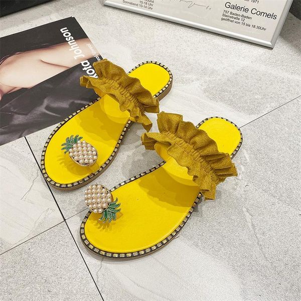 

slippers women fashion flower 2021 luxury one word sandy beach shoes pineapple rhinestone decoration sandals zapatos mujer, Black
