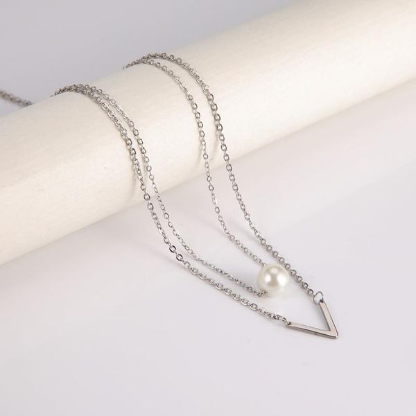 

chains cazador minimalist multi-layer pearl chain necklace for women girls stainless steel wedding party v charm necklaces 2021 gifts, Silver