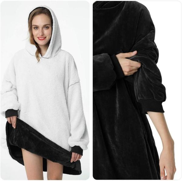 

women's hoodies & sweatshirts women oversized hoodie blanket with sleeves sweatshirt female winter plaid fleece hoody pocket hooded swe, Black