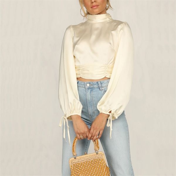 

summer women's shirt casual solid color bow decoration backless short 210430, White