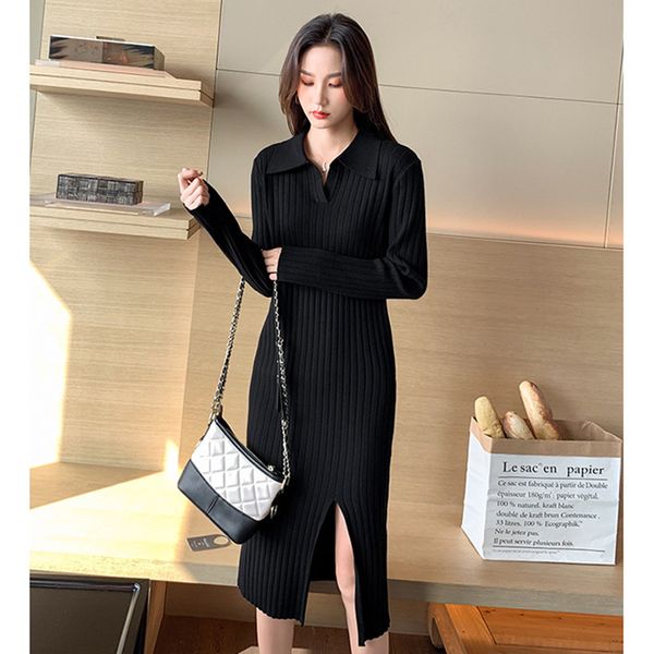 

dress chic winter straight women long sleeve thick knit midi female split side sweater p-299, Black;gray