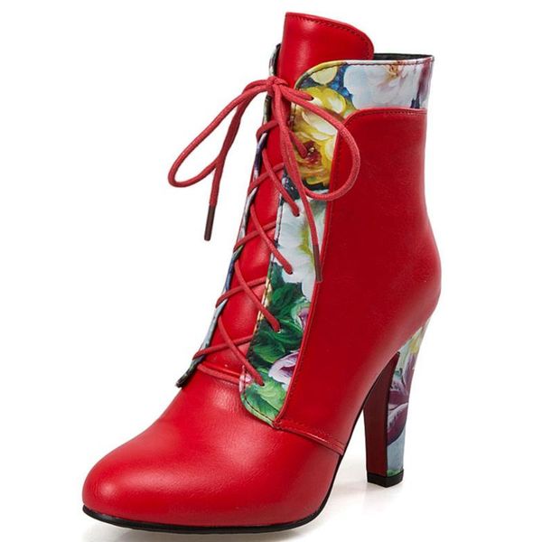 

boots sarairis fashion floral print women high heels office dress ladies mature lace-up ankle shoes, Black
