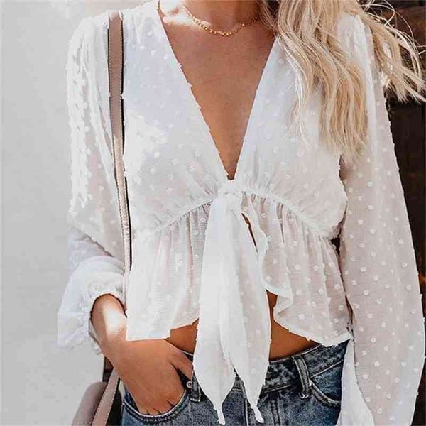 

blouse women transparent white shirt pullover polka dot deep v-neck detachable bow ruffles lantern sleeve crop t89391 210421