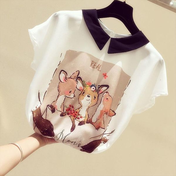

spring summer style chiffon women blouses elegant short sleeve animal printed casual loose dd9064, White