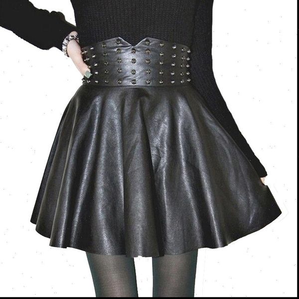 

fashion pu leather women skirt high waisted rivet pleated a line mini plus size clothing, Black