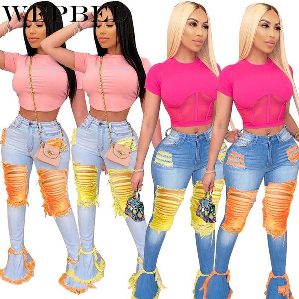 

women's fashion hole ripped denim jeans ladies high waist long flare pants with tassel casual bell bottom trousers, Blue