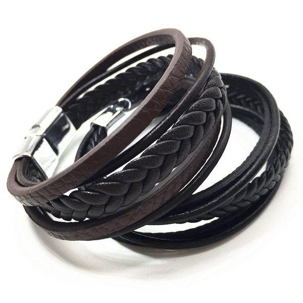 

charm bracelets multilayer black braid brown handmade men leather women vintage male homme jewelry accessories, Golden;silver