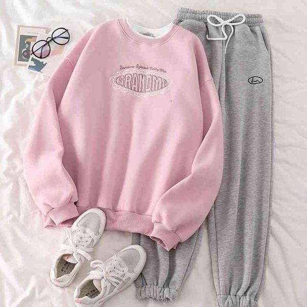 

women's two piece pants autumn winter pink set velvet suit embroidery round neck pullover loose sports harem clothing 1ttx, White