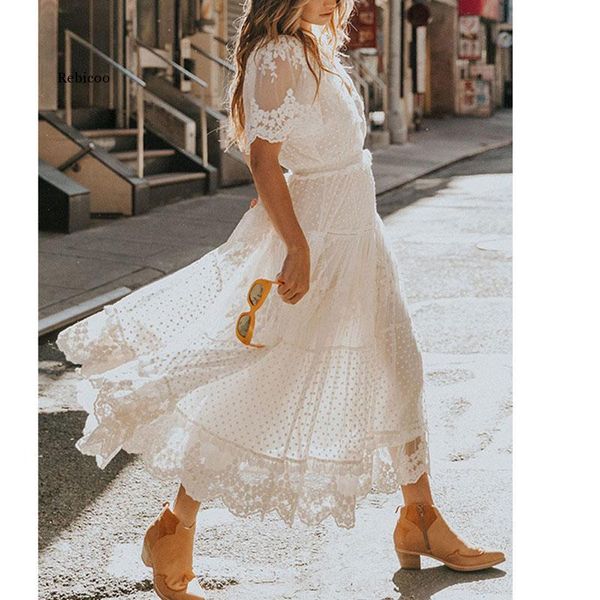 

casual dresses summer boho women maxi dress vintage polka dot white lace long tunic beach, Black;gray