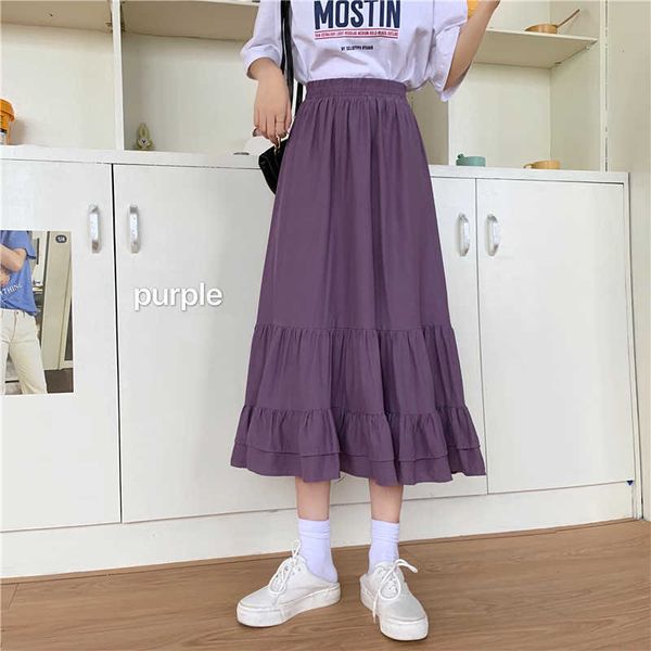 

ly varey lin spring summer women casual high waist a-line cake skirts sweet elastic white black medium length 210526