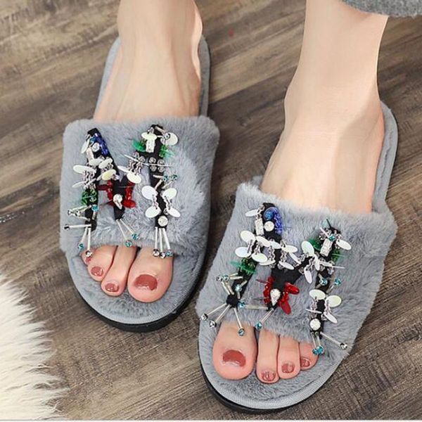 

slippers 2021 women's shoes ladies beach sandals flat bottom non-slip warm platform indoor sequins fur s16, Black