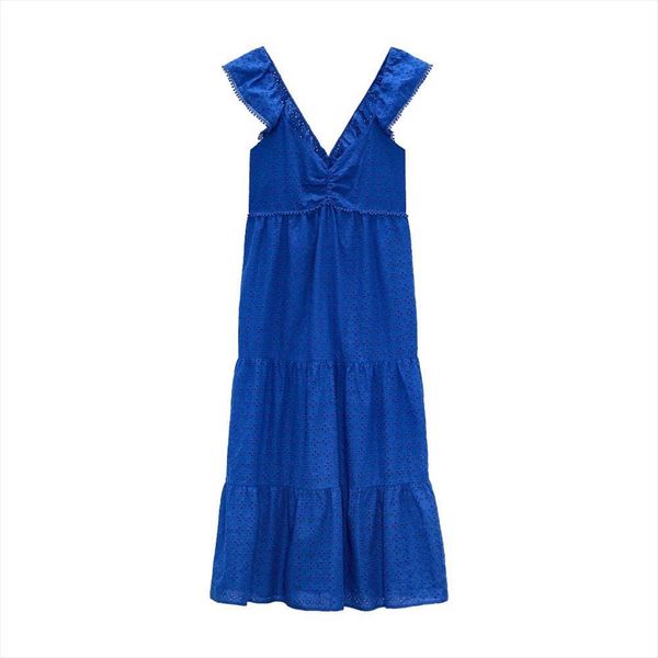 

za summer blue casual fashion women dresses all match v neck hollow embroidery shoulder strap dress, Black;gray