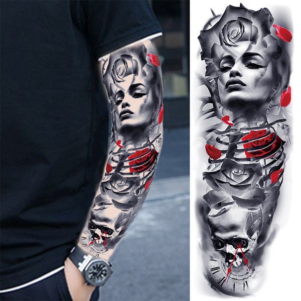 

black beauty skull tattoo sticker full arm flower large picture