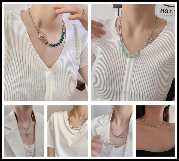 

pendant necklaces titanium steel double-layer women necklace green beaded love chain vintage party pin letter crystal, Silver