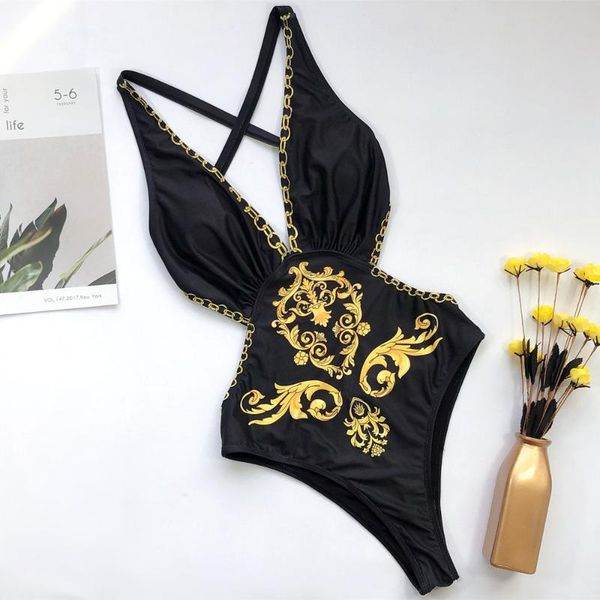 

black print cut out one-piece swimsuit v-neck strappy padded women monokini 2021 girls beach bathing suits swimwear