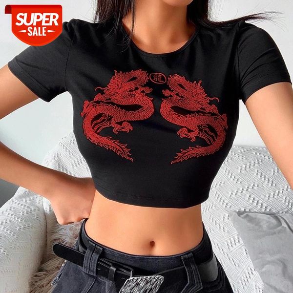 

Women Short Sleeve Dragon Printed T-shirt Summer Fashion Round Neck Slim Casual Crop Top for Ladies Shopping Daily Wear 2020 New #y37L, White