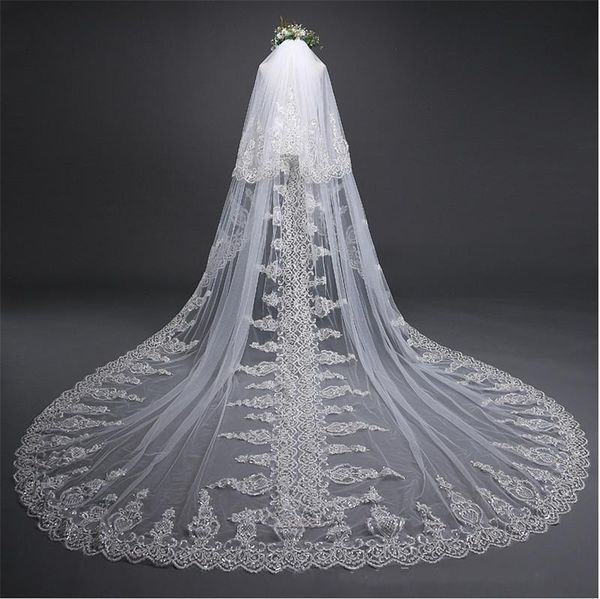 

bridal veils white cathedral wedding veil two layers double edge lace beaded applique long headpiece with comb, Black