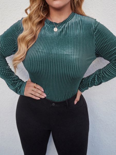 

plus solid rib-knit velvet bodysuit q71a#, Black