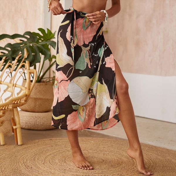

floral print chiffon long summer womens skirts stylish midiskirt one piece lace up wrap holiday suntan beach sexy, Black