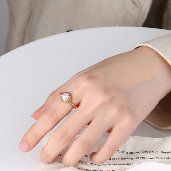 

sterling silver open pearl ring 2021 korean version of the niche temperament fashion simple flower bud female cluster rings, Golden;silver