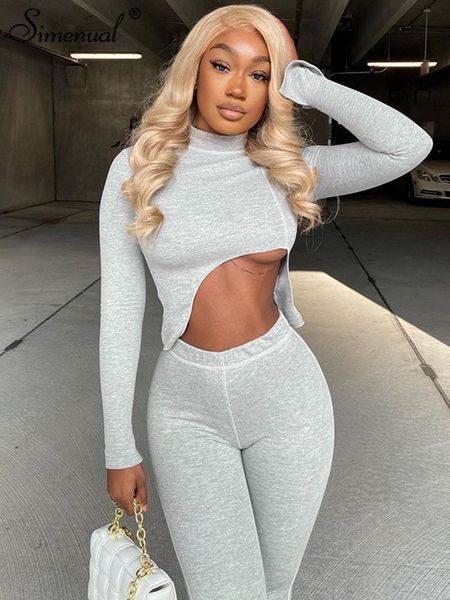 

women's two piece pants simenual sporty crop and activewear 2 sets casual grey fitness basic simple overlock long sleeve co-ord outfits, White