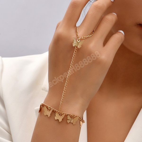 

butterfly bangle linked connecting finger rings hand harness bracelets for women charm gold chain hand jewelry, Golden;silver
