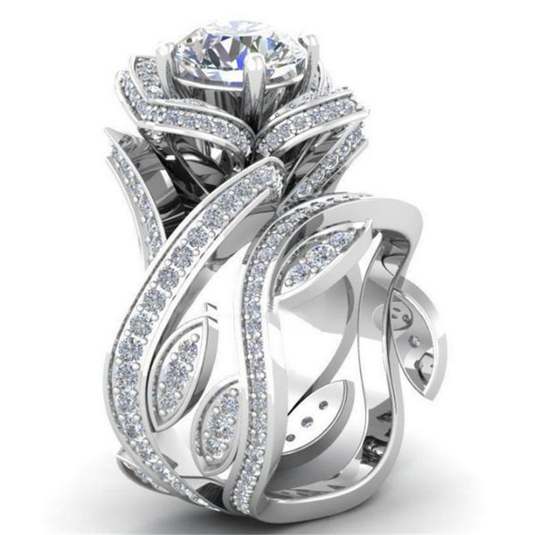 

wedding rings modyle 2021 fashion silver color big luxury rose flower ring for woman 7 colors cz stone jewelry drop, Slivery;golden