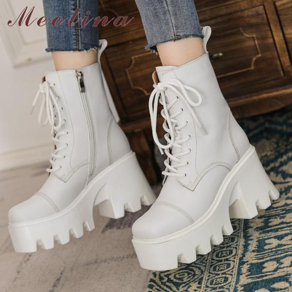 

boots meotina real leather motorcycle shoes women platform thick heel med calf high square toe zipper autumn, Black