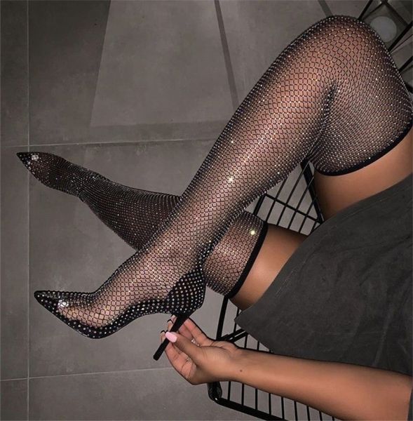 

sheepskin leather nets 11cm high heels shoes knight boots booties pillage toes diamond long knee short plush catwalk zipper party wedding bl, Black