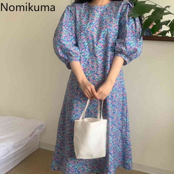 Nomikuma Corean Chic Dress Mulheres Robe Pintura A óleo Floral Impresso Loose Meados Vitral Temperamento Vestidos Verão Vestidos Mujer 210514