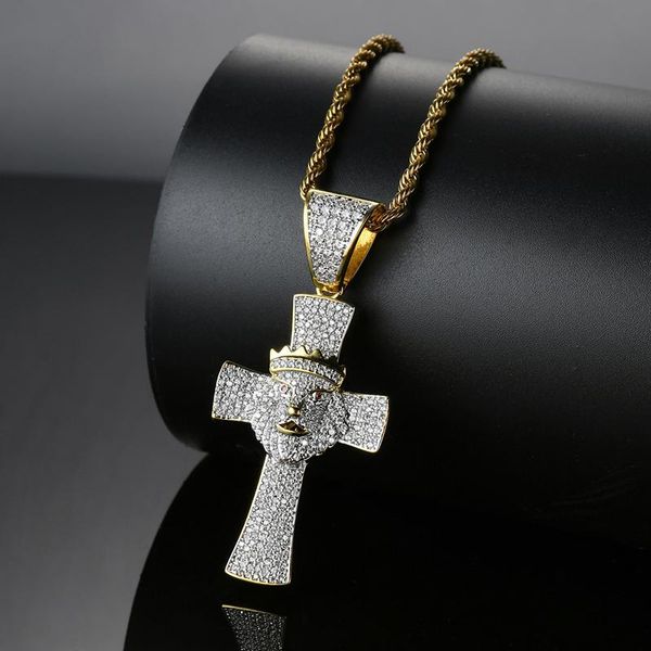 

pendant necklaces hip hop cubic zirconia paved bling iced out crown male lion cross pendants necklace for men rapper jewelry gold color, Silver