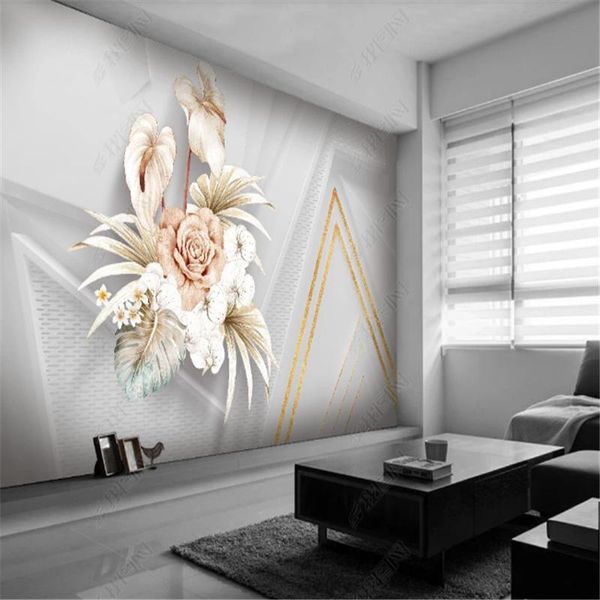 

modern fashion wallpaper for living room light luxury hand-painted flowers geometric background wall papers home decor mural wallpapers