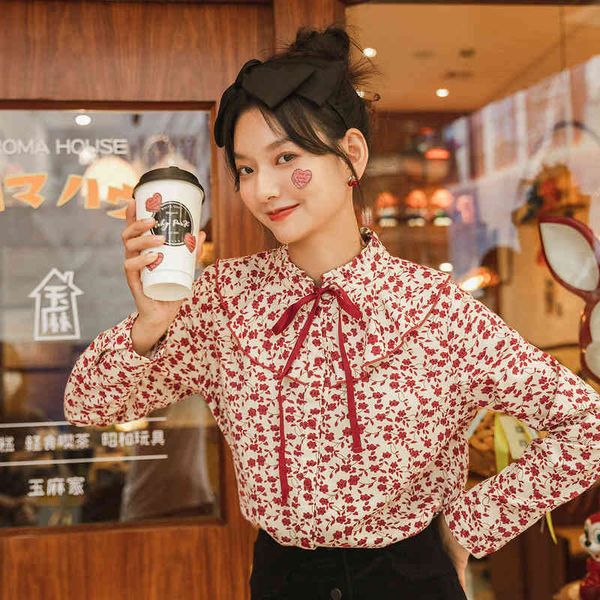 

blouses winter women's lovely red flower bow long sleeve shirt gdhb, White