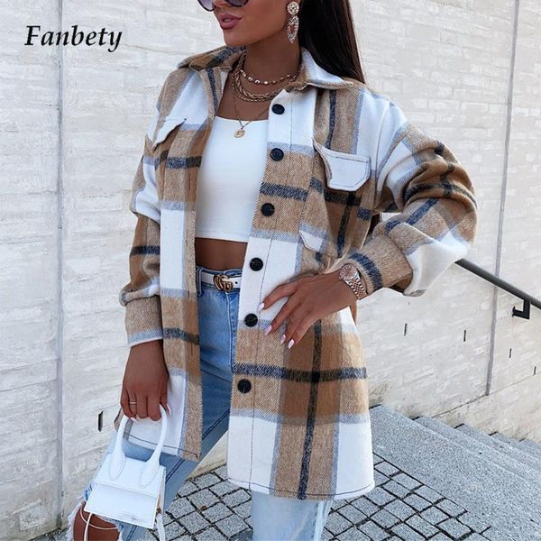 

women's jackets 2022 spring plaid print vintage jacket coat turn-down collar long overcoat autumn casual sleeve loose shirt cardigan, Black;brown