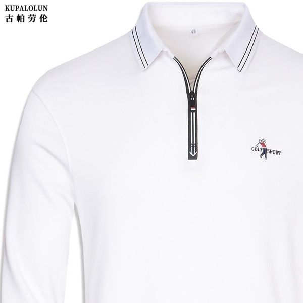 

spring and autumn lapel long sleeve t-shirt men's golf suit embroidered zipper polo shirt, White;black