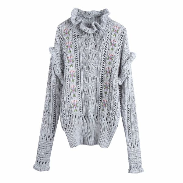 

women flower embroidery hollow knitting sweater female ruffled collar long sleeve pullover casual lady loose sw999 210430, White;black