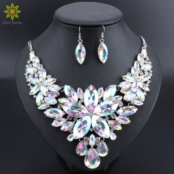 

new luxury indian bridal jewelry sets wedding party costume jewellery womens fashion gifts flower crystal necklace earrings sets 210323, Slivery;golden