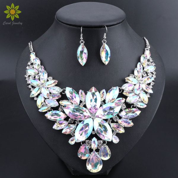 Luxuriöse indische Brautschmuck-Sets, Hochzeit, Party, Kostümschmuck, Damenmode, Geschenke, Blumen-Kristall-Halsketten-Ohrringe-Sets 210323