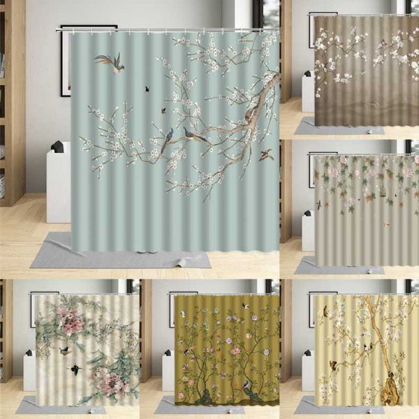 

chinese style flower bird shower curtains polyester fabric bathtub decor waterproof bath with 12 hooks bathroom screens