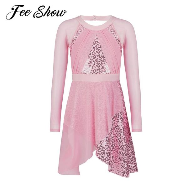 

girl's dresses kids teen girls shiny sequins ballet dance leotard dress long sleeve irregular cut tulle ice skating figure, Red;yellow