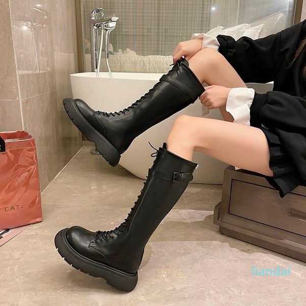 

boots women's rubber shoes boots-women round toe flat heel lace up rain 2021 lolita ladies autumn med over-the-knee pu solid lac, Black