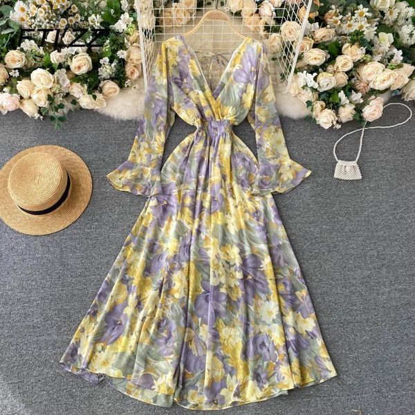 

casual dresses women boho dress 2021 spring autumn long sleeve v neck backless ladies vintage floral printed, Black;gray