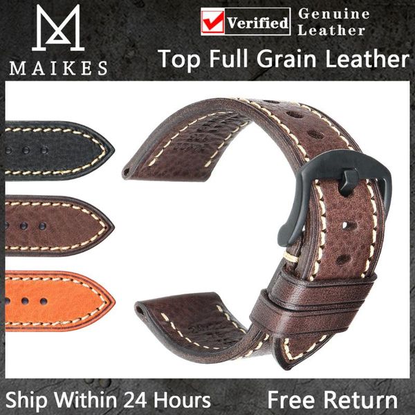 

watch bands maikes cow leather watchband men's vintage italian cowhide band 20mm 22mm accessories brown strap, Black;brown