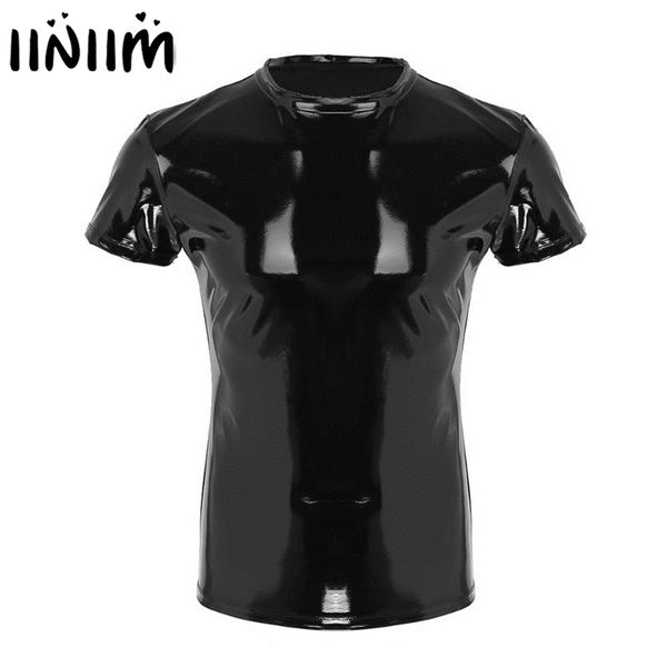 

iiniim mens wetlook punk fashion clothing faux leather male t-shirt night parties clubwear costume muscle tight t-shirt 210324, White;black