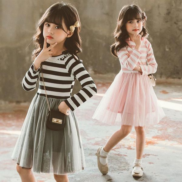 

kids sweater dress girl formal black pink school casual wear children's striped mesh party costume 4 7 9 11 14y girl's dresses, Red;yellow