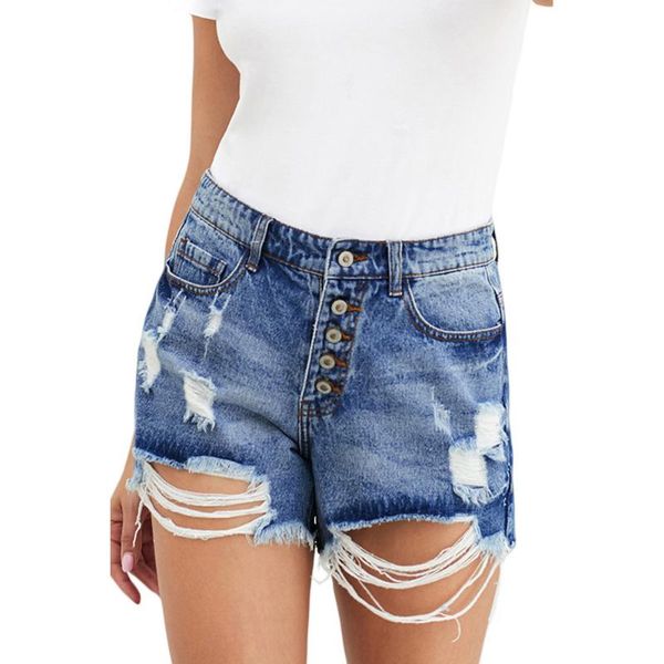 

women's jeans versatile large size high waist slimming single-breasted design worn-out denim shorts 786195, Blue